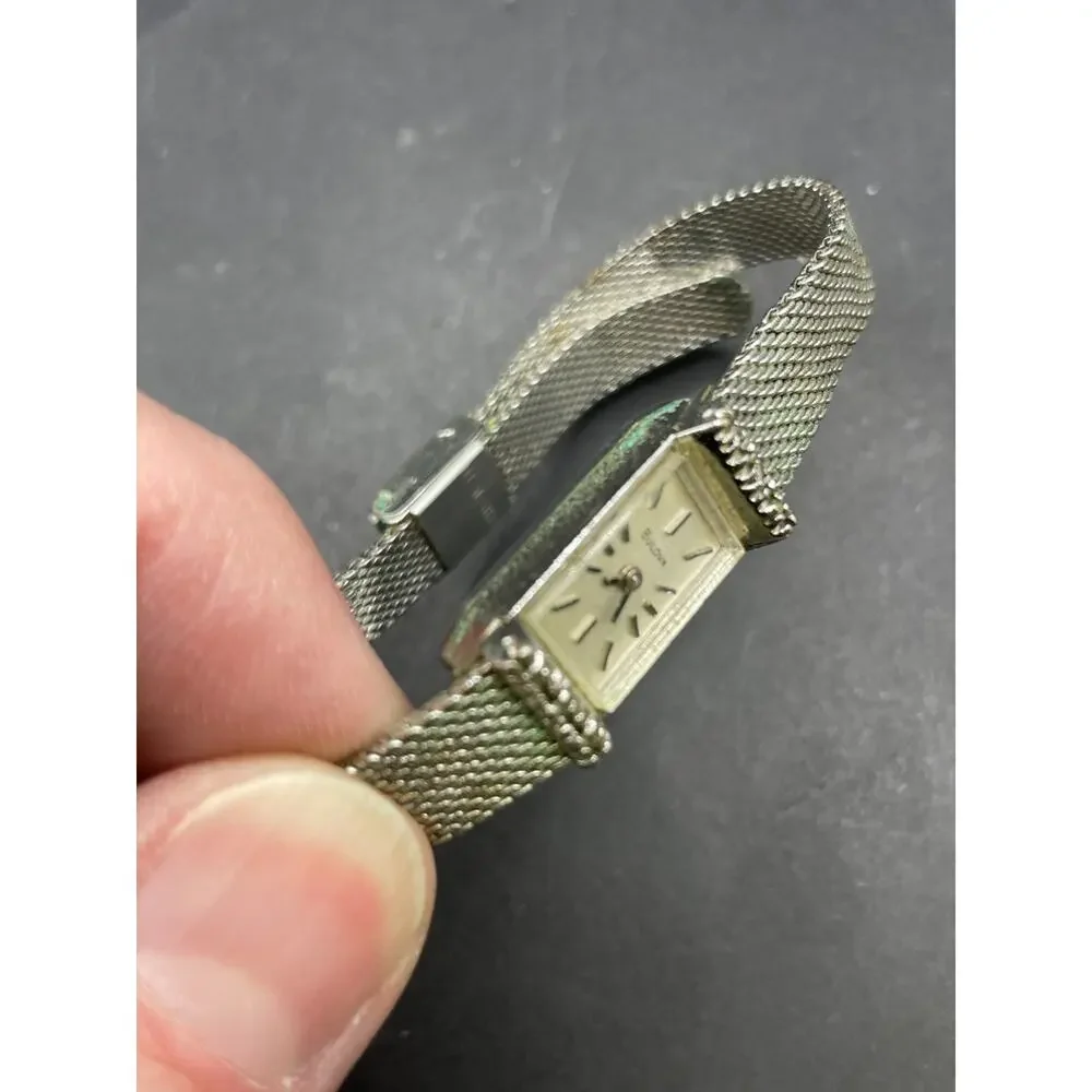 Vintage BULOVA N9 Women Watch Mechanical Silver Tone Diamond Bezel 10.4MM